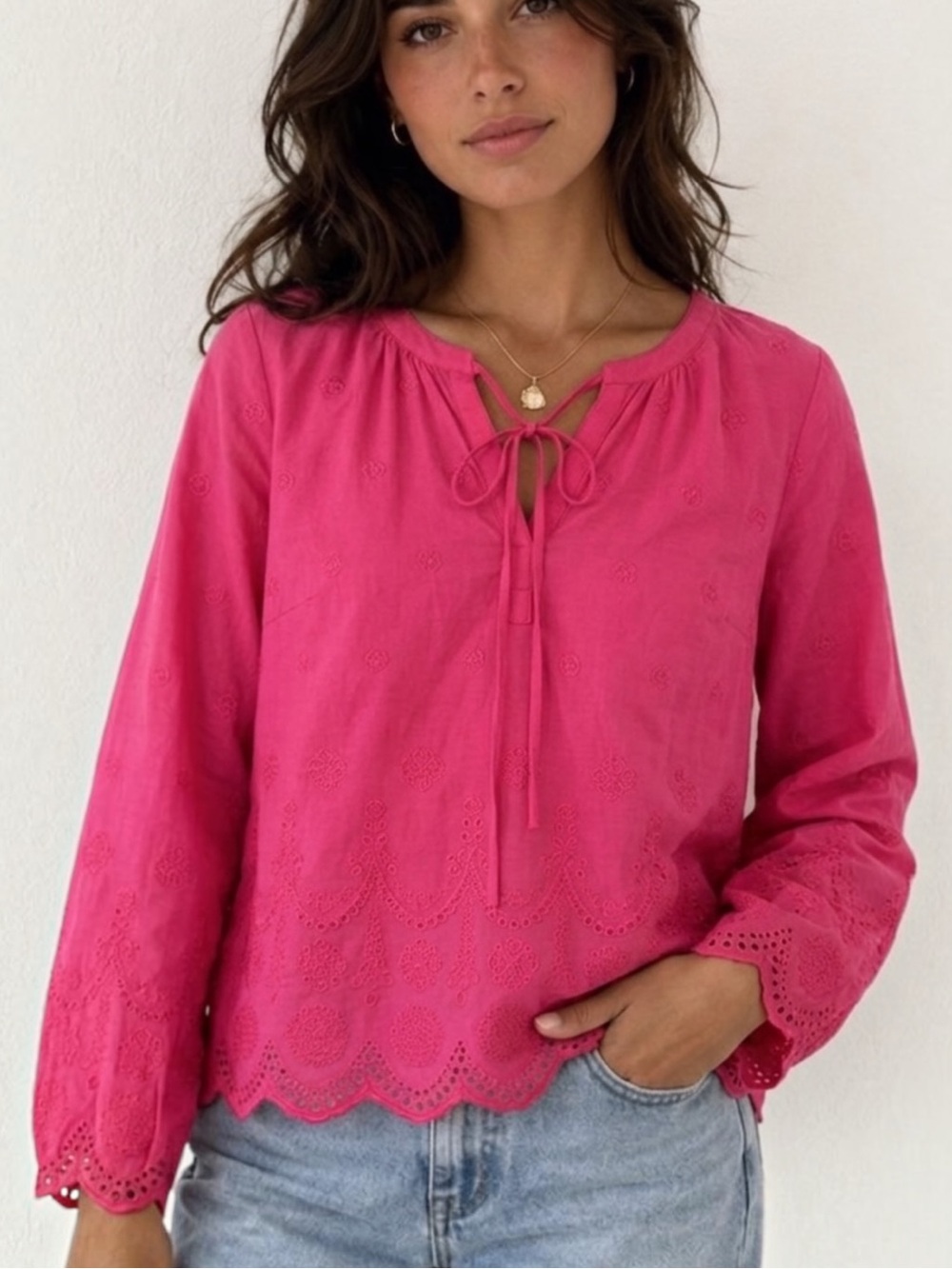 Talbots Subtle Embroidered Eyelet Rayon Peasant Pink Boho Top Sz X fits L, XL